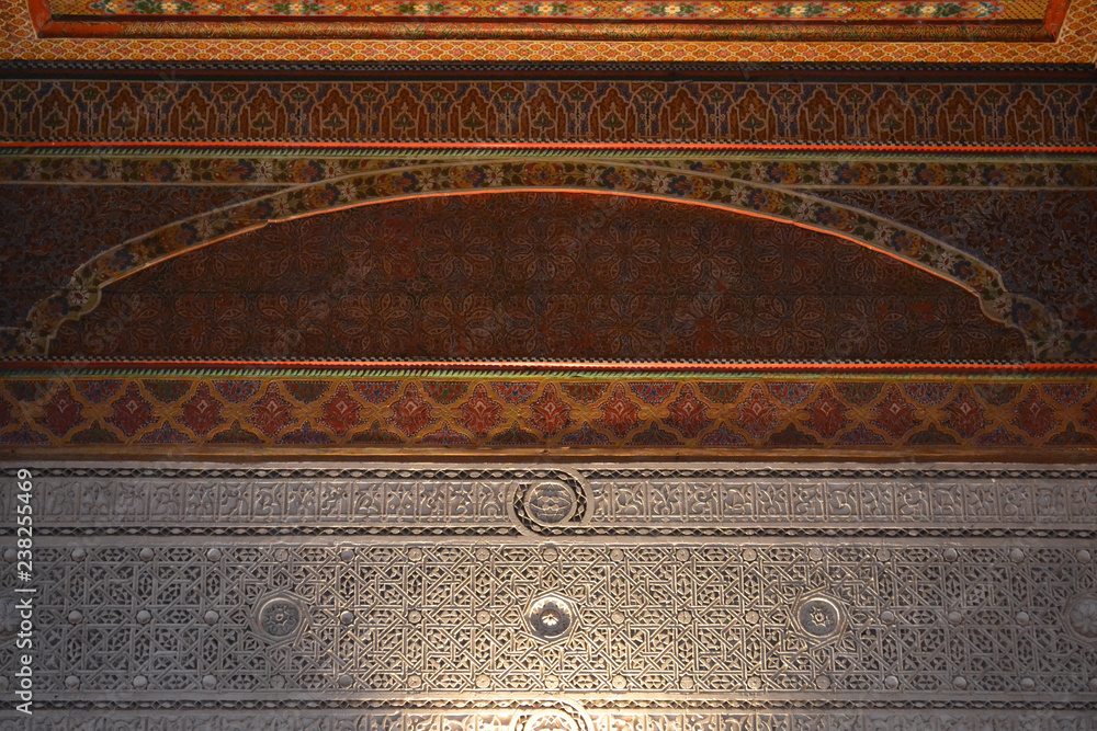 Stucco details and decorated wooden ceiling of the Bahia Palace | Marrakesh, Morocco