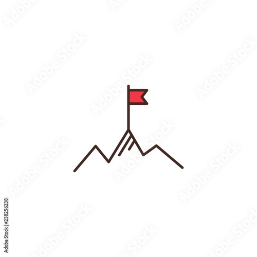 Red flag on a mountain peak. success, high results symbol. Landscape with mountains and clouds.