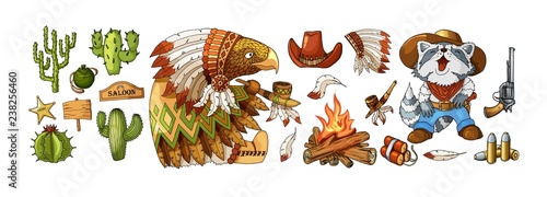 Vector Set Cowboy and Wild West Labels and Sticker Elements in Cartoon Style