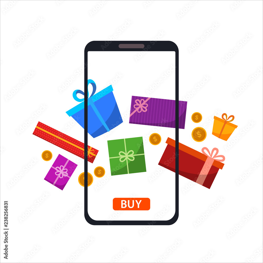 Phone gadget with different gifts presents. Concept of online shopping in flat style. Vector flat illustration. Phone gadget with different gifts presents. Concept of online shopping in flat style. Vector flat illustration.