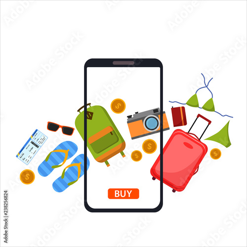 Buy Online concept. Traveling on airplane, planning a summer vacation, tourism and journey objects, Concept online shopping