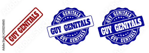GUY GENITALS grunge stamp seals in red and blue colors. Vector GUY GENITALS labels with draft effect. Graphic elements are rounded rectangles, rosettes, circles and text labels.