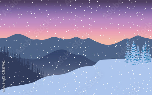 Winter landscape. Evening twilight, distant mountains, decorated illuminated x-mas tree, gift, snow flurry,