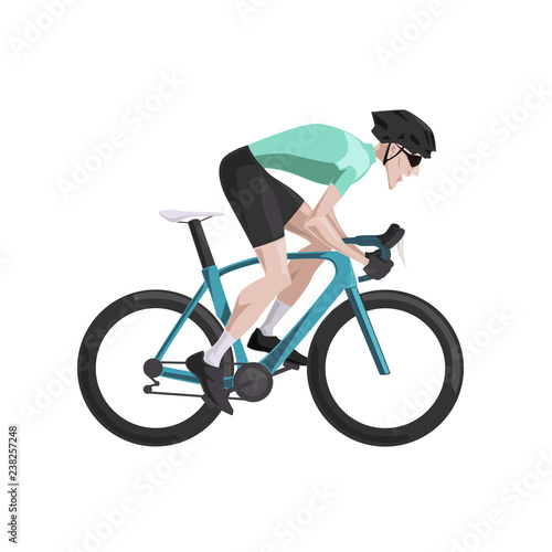 Cycling, cartoon road cyclist riding bike, side view, isolated vector illustration. Flat design
