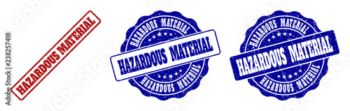 HAZARDOUS MATERIAL grunge stamp seals in red and blue colors. Vector HAZARDOUS MATERIAL marks with grunge style. Graphic elements are rounded rectangles, rosettes, circles and text labels.
