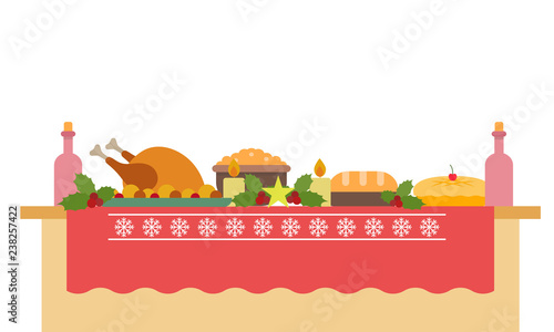 Vector illustration of a big banquet table with drinks and eating. Festive holiday dinner. Christmas and New year table. Flat style illustration.