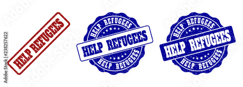 HELP REFUGEES grunge stamp seals in red and blue colors. Vector HELP REFUGEES overlays with grunge texture. Graphic elements are rounded rectangles, rosettes, circles and text titles.