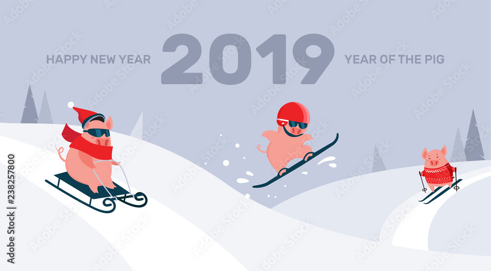 Funny cartoon pigs sliding ,skiing and snowboarding on a winter snowy  background. Symbol of the New Year. Excellent for the design of postcards,  posters, stickers and so on. Stock Vector | Adobe