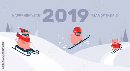 Funny cartoon pigs sliding ,skiing and snowboarding on a winter snowy background. Symbol of the New Year. Excellent for the design of postcards, posters, stickers and so on.