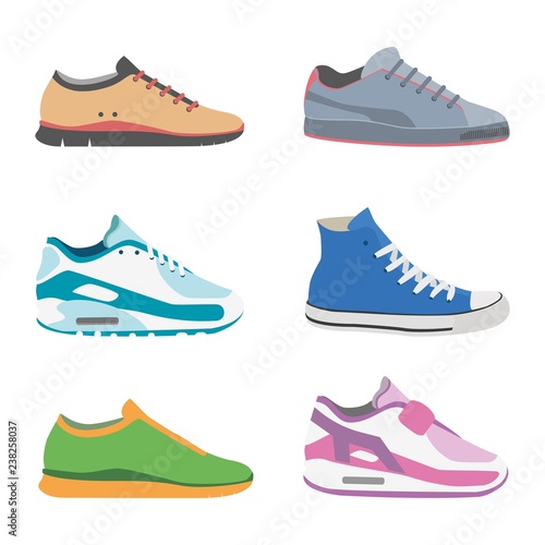 A set of sneaker icons, training shoes, sports shoes. Vector illustration isolated on background.