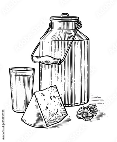 healthy Breakfast drawing sketch milk glass slice cheese milk metal can vector illustration