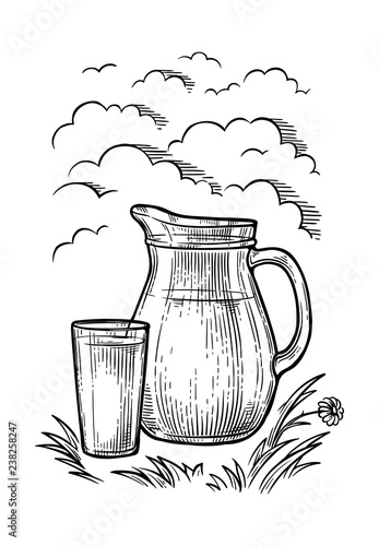 hand-drawn picture jug and glass of milk on the grass against the sky with clouds vector illustration
