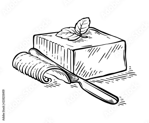 Hand drawn fresh slice sketch piece of butter with knife vector illustration