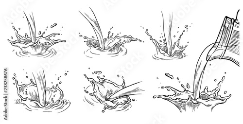 set of hand drawn sketch water or milk splash crown vector