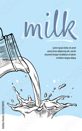 Sketch hand drawn poster milk splash from glass jug vector