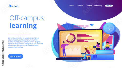Professor with charts teaching students from laptop screen and globe. Distance education, off-campus learning, distance learning degree concept. Website vibrant violet landing web page template.