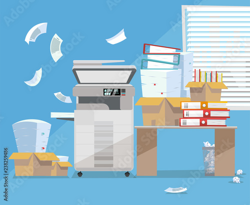 Office interior with big floor multifunction Copier printer scanner, desk , clnear window. Copy machine with pile of documents, stack of papers in cardboard boxes. Flat cartoon vector illustration.