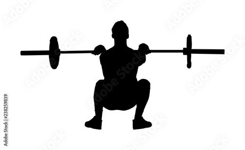 Weightlifter in gym vector silhouette illustration isolated on white background. Working out. Sports guy doing exercise with barbell. Sports man body builder in training. Health and fitness trainer.