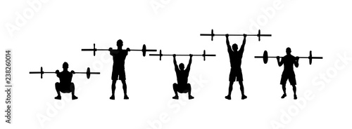 Weightlifter in gym vector silhouette illustration isolated on white background. Working out. Sports guy doing exercise with barbell. Sports man body builder in training. Health and fitness trainer.