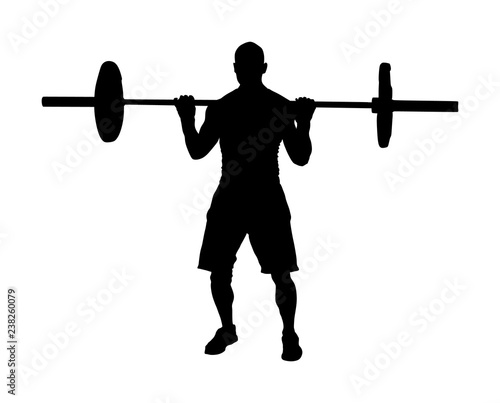 Weightlifter in gym vector silhouette illustration isolated on white background. Working out. Sports guy doing exercise with barbell. Sports man body builder in training. Health and fitness trainer.