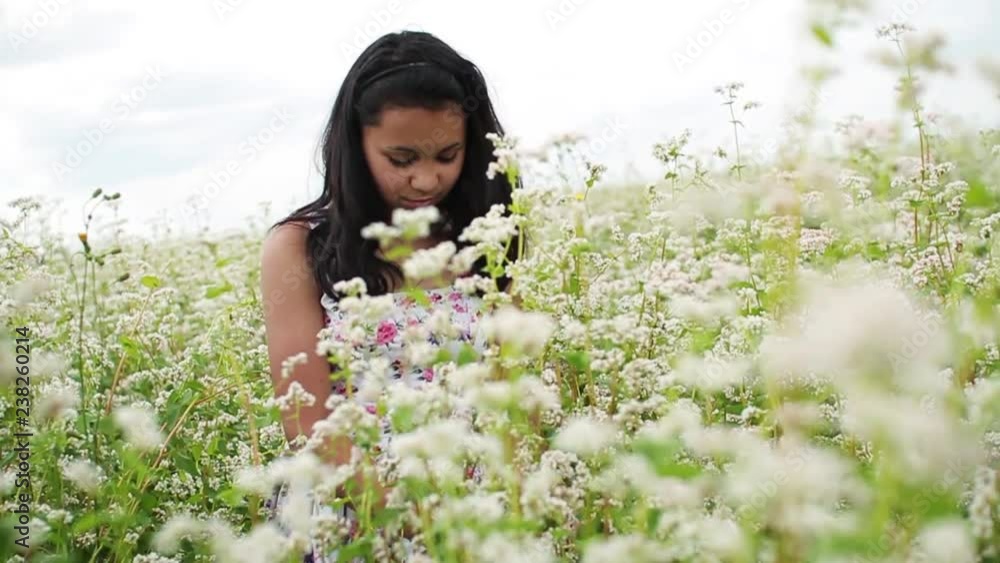 Attractive young woman in light summer dress enjoying the blooming wild flowers.Romantic atmosphere.Positive emotions, dreamy mood.Scenic walk, tenderness. Female portrait Attractive young woman in light summer dress enjoying the blooming wild flowers.Romantic atmosphere.Positive emotions, dreamy mood.Scenic walk, tenderness. Female portrait