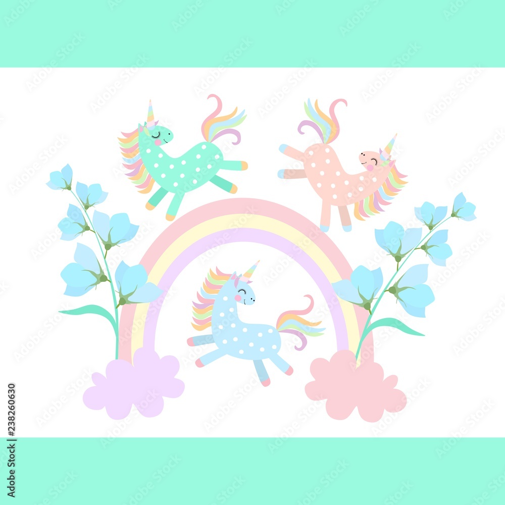 Funny little pony unicorns playing among the rainbow and clouds, from which grow blue bell flowers isolated on white background in vector. Print for T-shirt. Magic pattern for children. Funny little pony unicorns playing among the rainbow and clouds, from which grow blue bell flowers isolated on white background in vector. Print for T-shirt. Magic pattern for children.