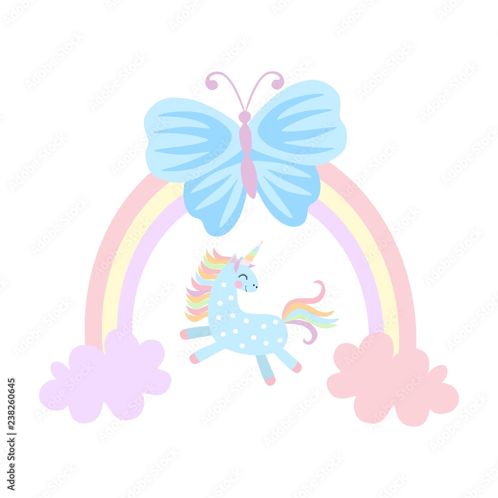 Small unicorn is playing among the clouds, large blue butterfly is sitting on rainbow isolated on white background in vector. Prints for T-shirt. Fairytale pattern for children. Small unicorn is playing among the clouds, large blue butterfly is sitting on rainbow isolated on white background in vector. Prints for T-shirt. Fairytale pattern for children.