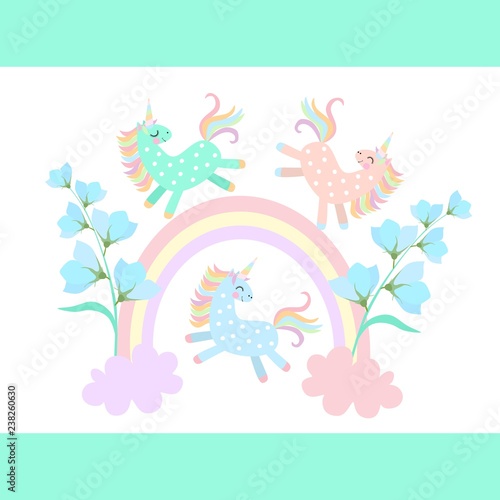 Funny little pony unicorns playing among the rainbow and clouds, from which grow blue bell flowers isolated on white background in vector. Print for T-shirt. Magic pattern for children.