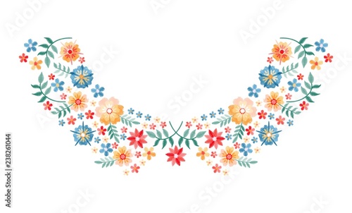 Embroidery design for neckline with beautiful flowers and leaves. Colorful floral composition isolated on white background.