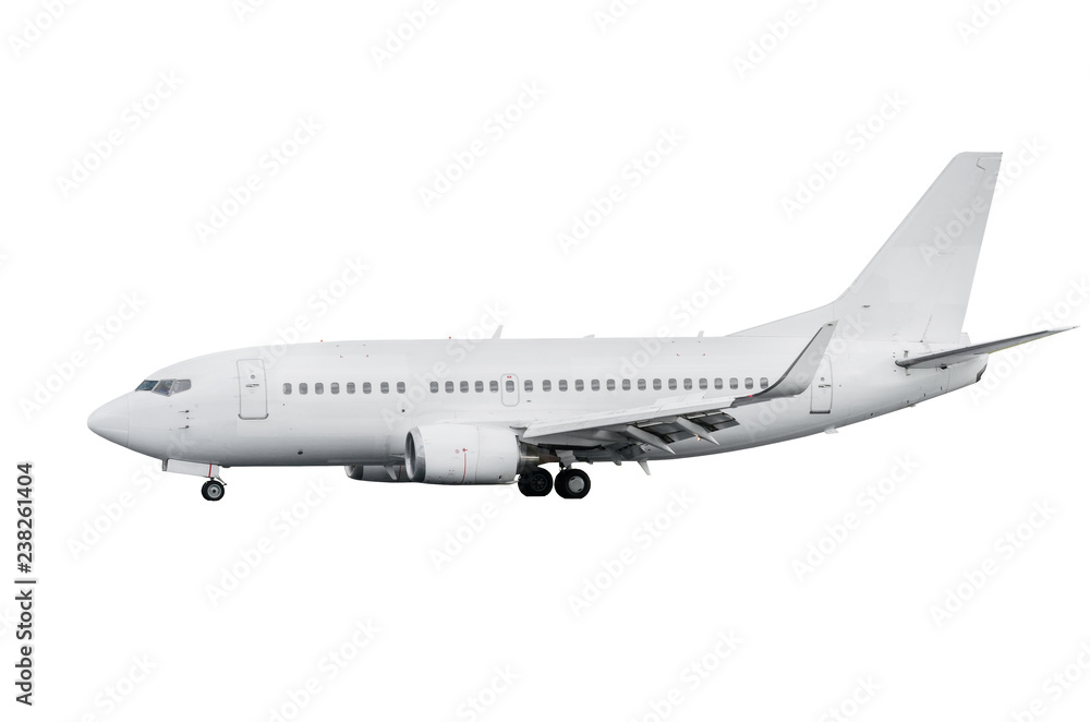 Aircraft with landing gear isolated from the white background.