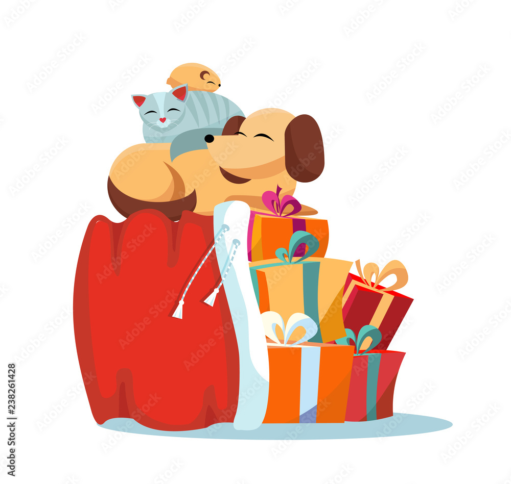 Pets cat, dog, hamster sleeps comfortably on Red Santa Claus bag with christmas presents on white background. Multicolored gift boxes are decorated with bows. Flat cartoon style vector illustration.