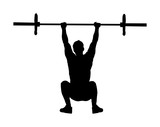 Weightlifter in gym vector silhouette illustration isolated on white background. Working out. Sports guy doing exercise with barbell. Sports man body builder in training. Health and fitness trainer.