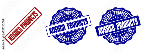 KOSHER PRODUCTS grunge stamp seals in red and blue colors. Vector KOSHER PRODUCTS marks with grunge surface. Graphic elements are rounded rectangles, rosettes, circles and text labels.