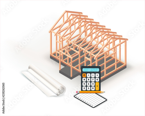 New wooden home construction framing isometric design. Timber frame house isolated on white background.  Architecture project planning and calculation. Vector Illustration