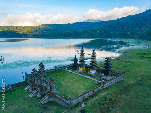 Aerial view to hindu temple ruins of Pura Hulun Danu at the Tamblingan lake, Bali, Indonesia photo
