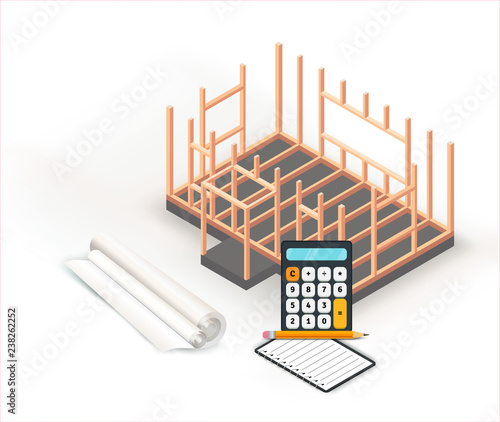Isometric building, timber frame house construction. Architecture project planning and calculations on paper roll. Vector illustration