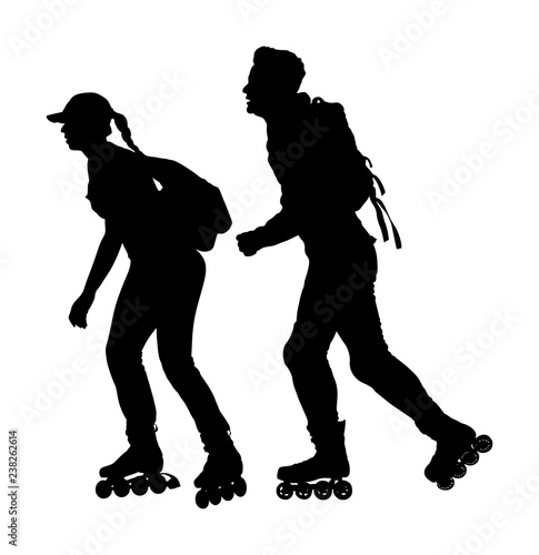 Roller skating couple in love enjoying in park vector silhouette isolated on white background. Skater boy riding wheels with skater girl. Young woman and man rollerblading with backpacks. Healthcare.