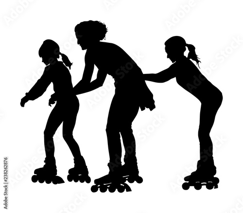 Roller skating girls with mother in park rollerblading vector silhouette isolated on white background. In-line skating happy family on roller skating. Mothers day with kids outdoor after work activity