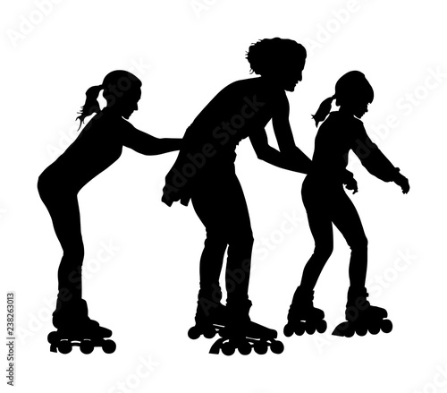 Roller skating girls with mother in park rollerblading vector silhouette isolated on white background. In-line skating happy family on roller skating. Mothers day with kids outdoor after work activity
