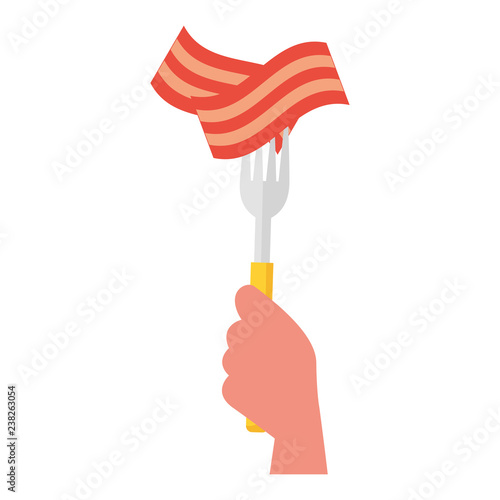 hand holding fork with bacon