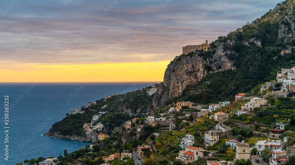 Amalfi, Amalfi Coast, Salerno, Italy. Coastline, sea and mountains in the sunset
