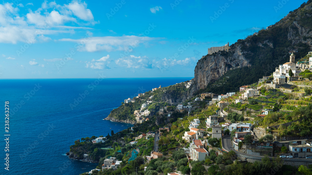 Amalfi, Amalfi Coast, Salerno, Italy. Landscape view of the coastline, sea and mountains
