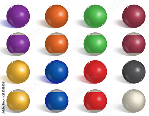 Billiard, pool balls collection. Snooker. Reverse, empty, side  realistic balls on white background. Vector illustration.