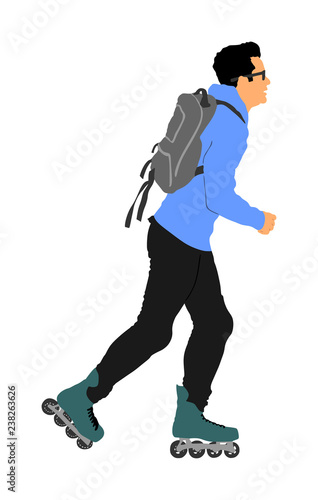 Roller skating man in park rollerblading vector illustration isolated on white background. In-line skating. Skater boy riding wheels. Young man with backpack rollerblading on street. Outdoor activity.