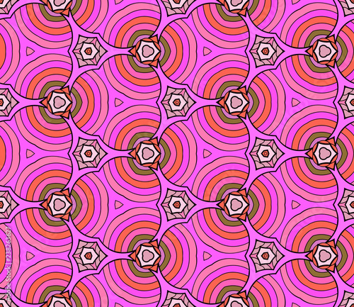 Seamless hexagonal bright pattern from geometrical abstract floral ornaments multicolored in pink and red shades. Vector illustration. Suitable for fabric  wallpaper and wrapping paper