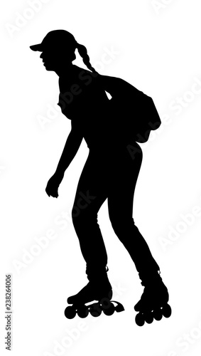 Roller skating girl in park rollerblading vector silhouette isolated on white background. In-line skating. Young woman with backpack on roller, sport action outdoor. Active life in park, health care.