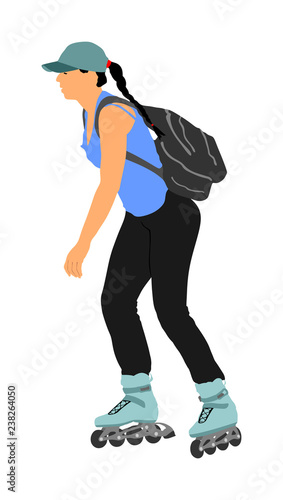 Roller skating girl in park rollerblading vector illustration isolated on white background. In-line skating. Young woman with backpack on roller, sport action outdoor. Active life in park health care