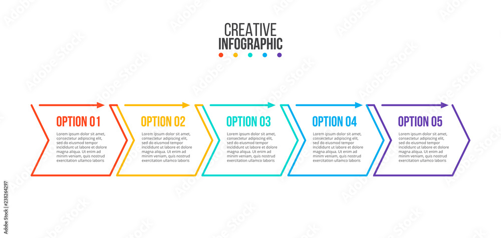 Obraz premium Thin line minimal infographic design template with arrows and 5 options or steps. Can be used for workflow layout, diagram, number options, web design.