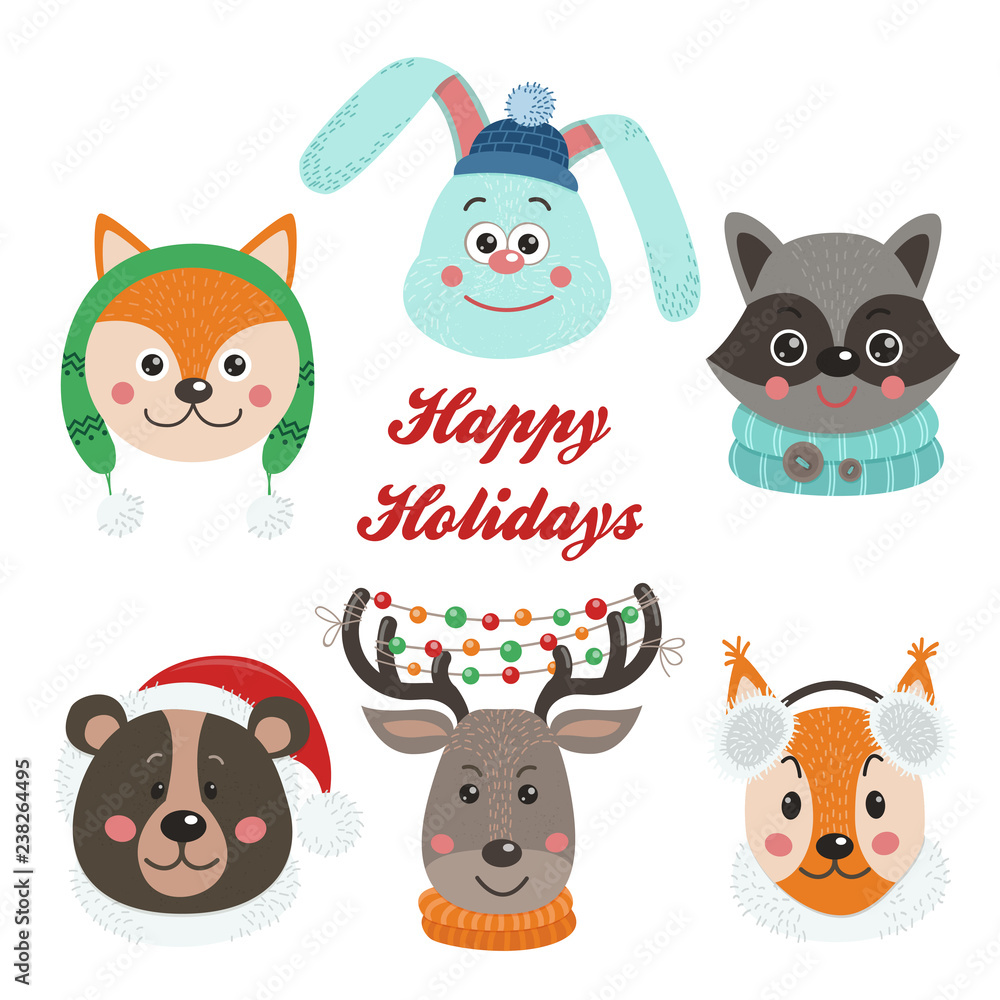 Christmas set with isolated face animals Christmas set with isolated face animals
