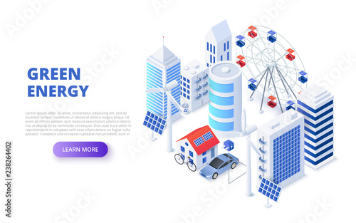 Green technology design concept with solar panels, wind generators and electro car. Isometric vector illustration. Landing page template for web.